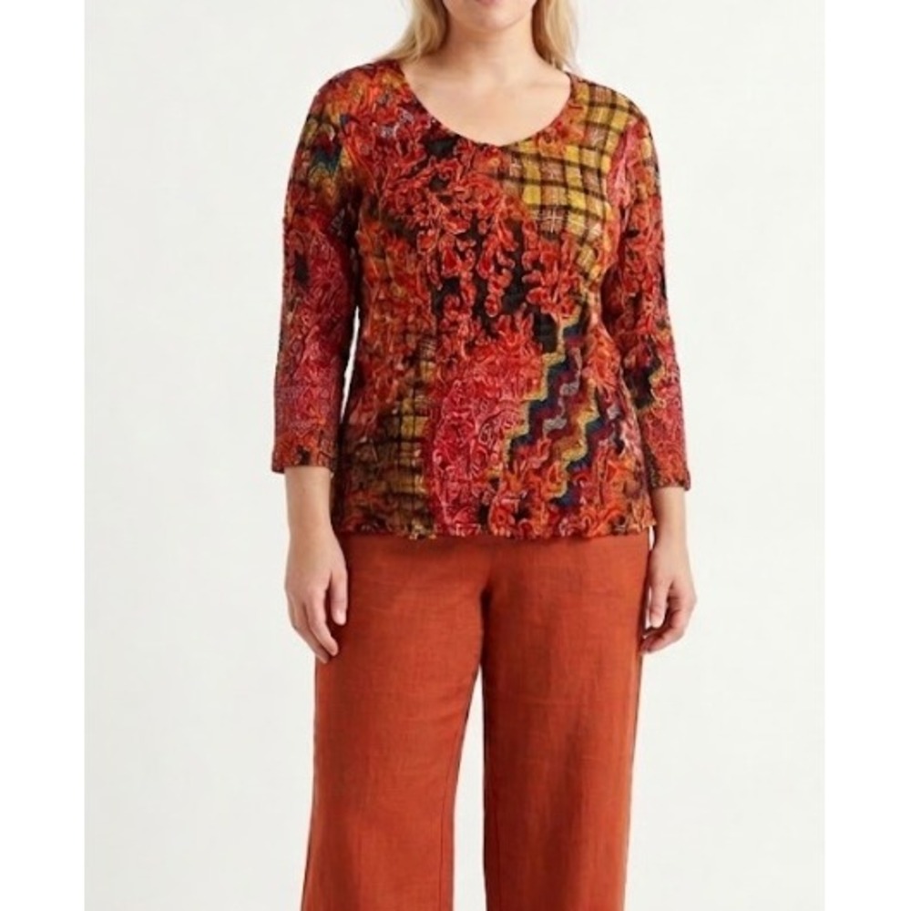 Alberto Makali Mixed Print Top Large Red Sequin Crinkle Art to Wear Festival